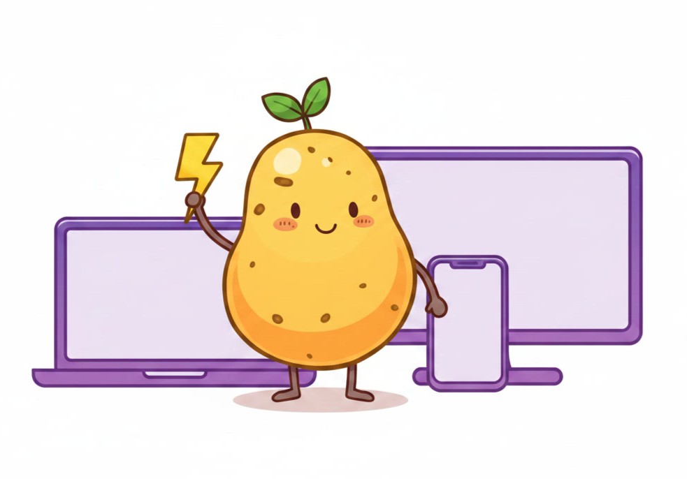 Маскот Potato VPN между ноутбуком, монитором и телефоном — одна подписка на пять устройств
