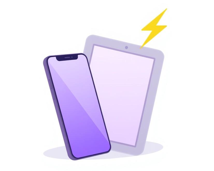 iPhone и планшет с фиолетовыми экранами и знаком быстрого подключения