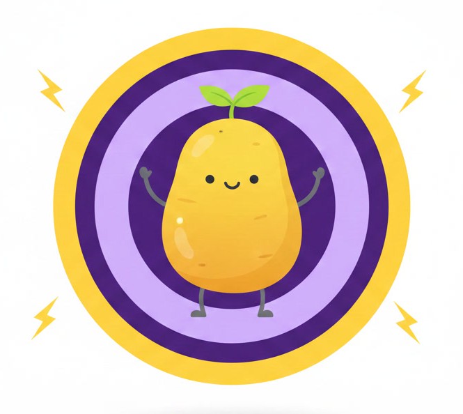 Маскот Potato VPN в фиолетово-жёлтой круглой эмблеме пробного доступа
